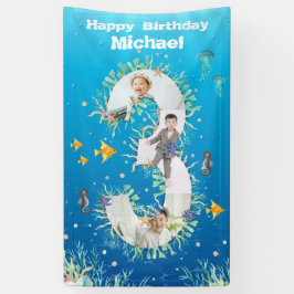海の下の大きな3歳の誕生日フォトコラージュ 横断幕