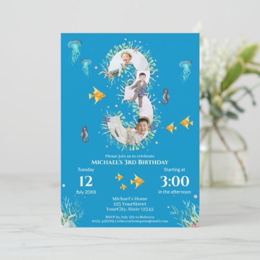 海の下の大きな3番目の写真コラージュ誕生日 招待状 (スタンド正面)