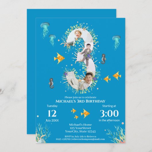 海の下の大きな3番目の写真コラージュ誕生日 招待状 (正面/裏面)