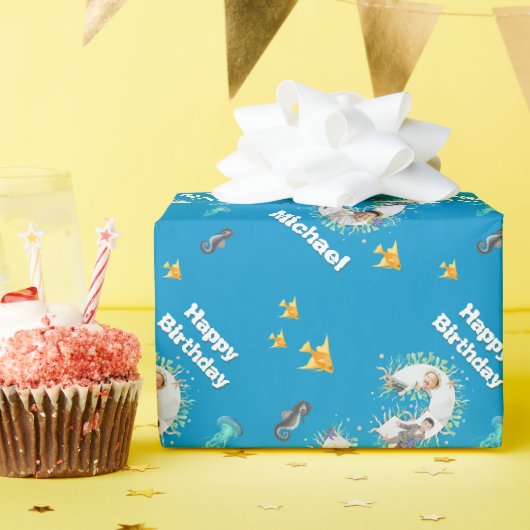 海の下の大きな3番目の誕生日の写真 ラッピングペーパー (誕生日パーティー)
