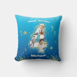 海の下の大きな4歳の誕生日の写真コラージュ クッション