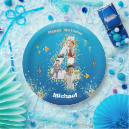 海の下の大きな4歳の誕生日の写真コラージュ ペーパープレート