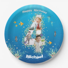 海の下の大きな4歳の誕生日の写真コラージュ ペーパープレート