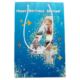 海の下の大きな4歳の誕生日の写真コラージュ ミディアムペーパーバッグ