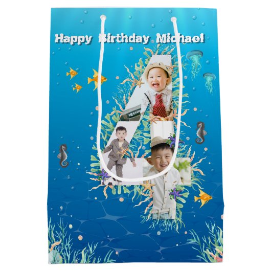 海の下の大きな4歳の誕生日の写真コラージュ ミディアムペーパーバッグ (裏面)