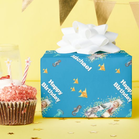 海の下の大きな4歳の誕生日の写真 ラッピングペーパー (誕生日パーティー)