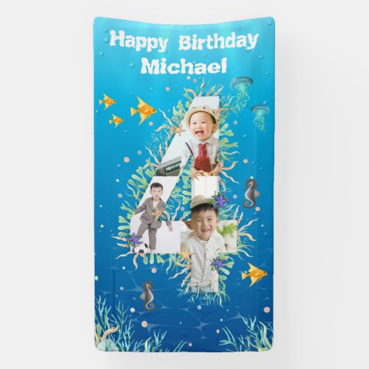 海の下の大きな4歳の誕生日フォトコラージュ 横断幕 (縦)