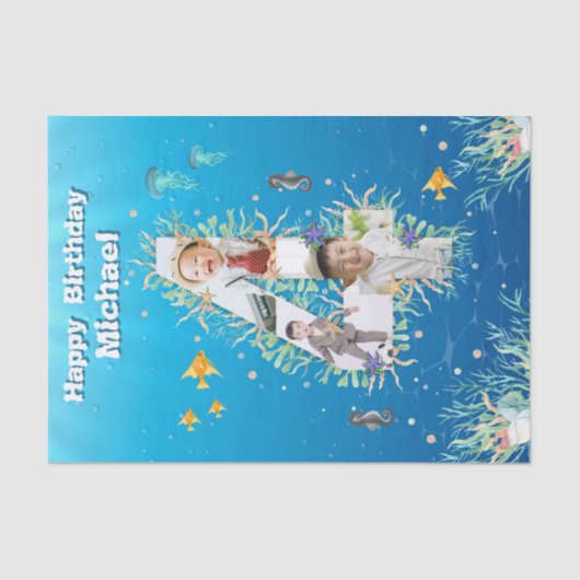 海の下の大きな4番目の誕生日写真コラージュ 薄葉紙 (正面)