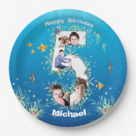 海の下の大きな5誕生日の写真コラージュ ペーパープレート