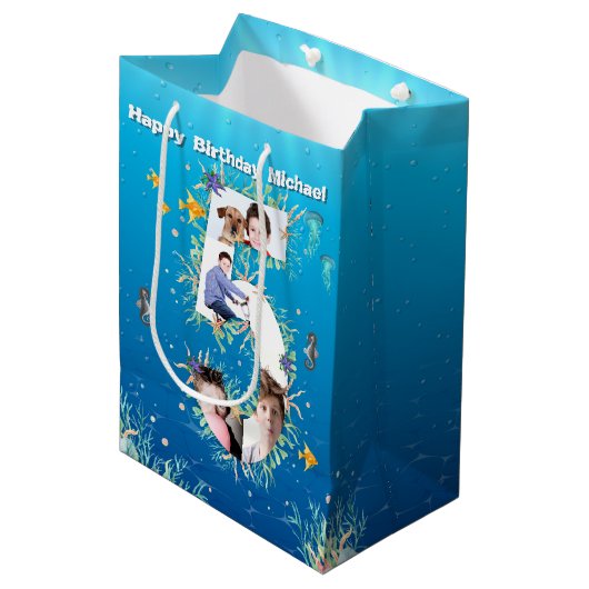海の下の大きな5誕生日の写真コラージュ ミディアムペーパーバッグ (正面アングル)