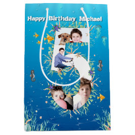 海の下の大きな5誕生日の写真コラージュ ミディアムペーパーバッグ