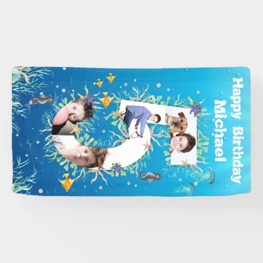 海の下の大きな5誕生日の写真コラージュ 横断幕 (横)