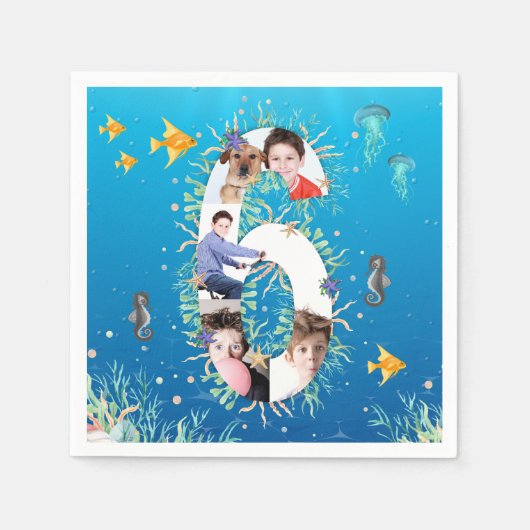 海の下の大きな6誕生日写真コラージュ スタンダードカクテルナプキン (正面)