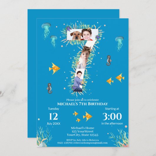 海の下の大きな7番目の写真コラージュ誕生日 招待状 (正面/裏面)