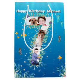 海の下の大きな7誕生日の写真コラージュ ミディアムペーパーバッグ