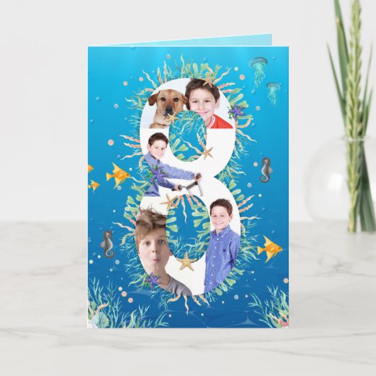 海の下の大きな8誕生日の写真コラージュ カード (正面)