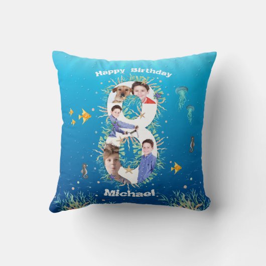 海の下の大きな8誕生日の写真コラージュ クッション (裏面)