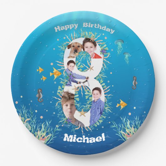 海の下の大きな8誕生日の写真コラージュ ペーパープレート (正面)
