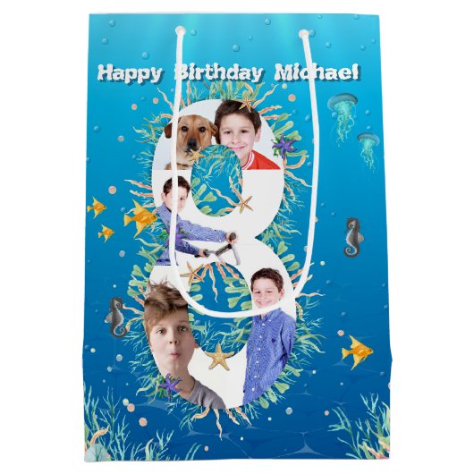 海の下の大きな8誕生日の写真コラージュ ミディアムペーパーバッグ (裏面)