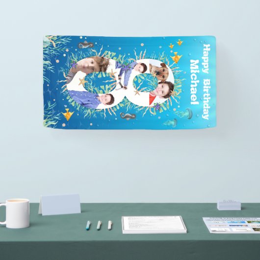 海の下の大きな8誕生日の写真コラージュ 横断幕 (トレードショー)