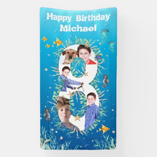 海の下の大きな8誕生日の写真コラージュ 横断幕 (縦)