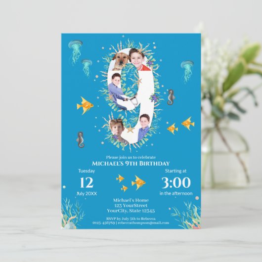 海の下の大きな9番目の写真コラージュ誕生日 招待状 (スタンド正面)