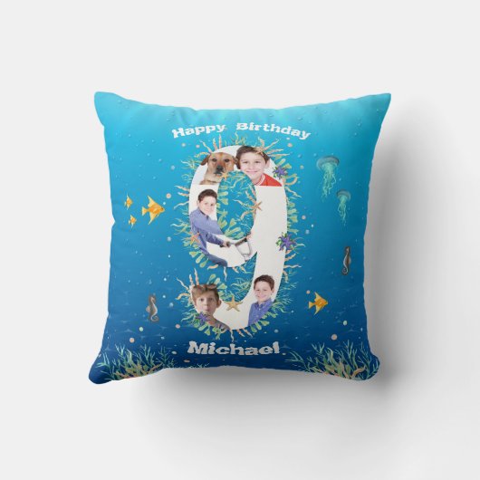 海の下の大きな9誕生日の写真コラージュ クッション (裏面)