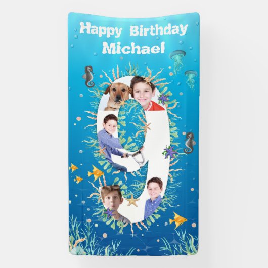 海の下の大きな9誕生日フォトコラージュ 横断幕 (縦)