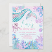 海の下の女の子マーメイドBashの最初の誕生日 招待状 (正面)