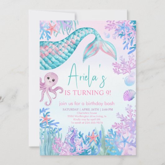 海の下の女の子マーメイドBashの最初の誕生日 招待状 (正面)