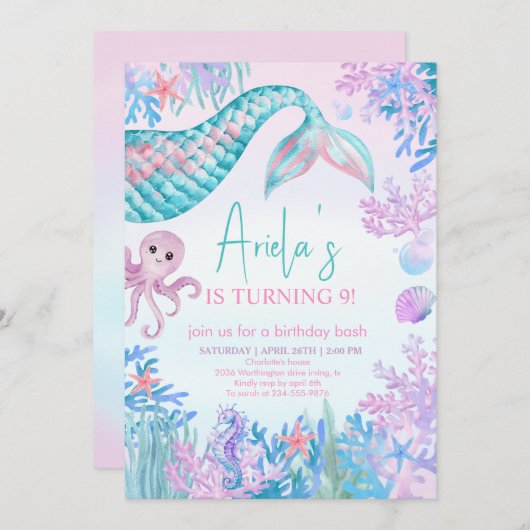 海の下の女の子マーメイドBashの最初の誕生日 招待状 (正面/裏面)