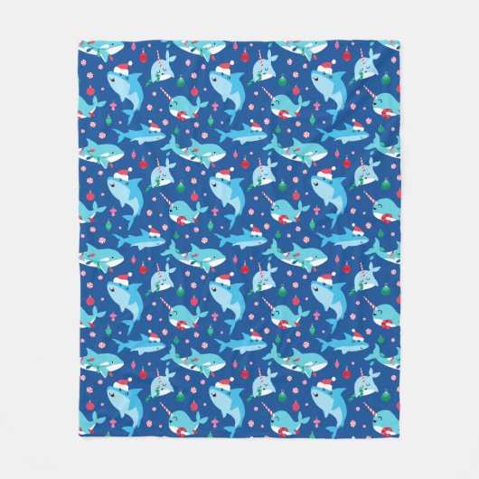 海の下の子供たちクリスマスシャークのナルワル フリースブランケット (正面)
