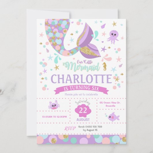 海の下の小さい人魚の誕生日の招待状 招待状 (正面)