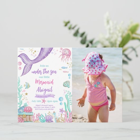 海の下の小さな人魚の誕生日写真 招待状 (スタンド正面)