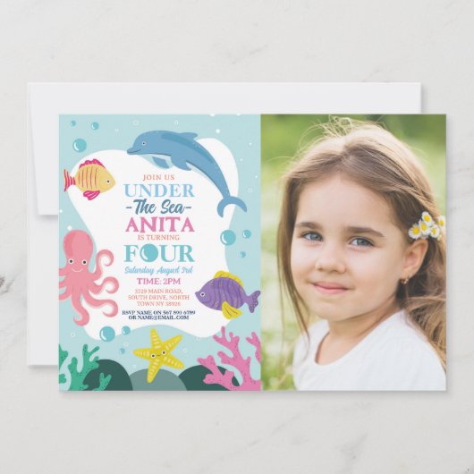 海の下の少女たち 四大海洋イルカの写真 4歳 招待状 (正面)