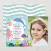 海の下の少女たち 四大海洋イルカの写真 4歳 招待状 (正面/裏面)