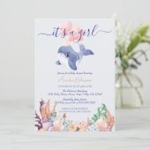 海の下の少女 クジラ 水彩 ベビーシャワー 招待状 (スタンド正面)