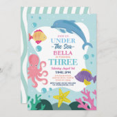 海の下の少女 THREE 海のイルカ タコ 3歳 招待状 (正面/裏面)