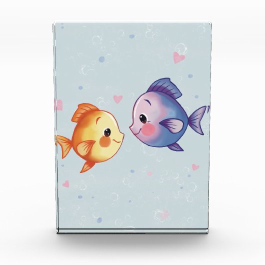 海の下の恋 – かわいい水彩画の魚のカップル フォトブロック (正面)