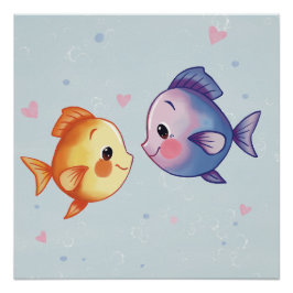海の下の恋 – かわいい水彩画の魚のカップル ポスター