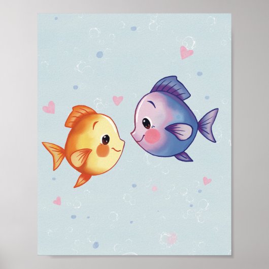 海の下の恋 – かわいい水彩画の魚のカップル ポスター (正面)