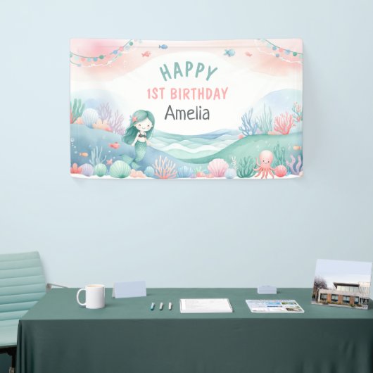 海の下の最初の誕生日お祝いマーメイド 横断幕 (トレードショー)