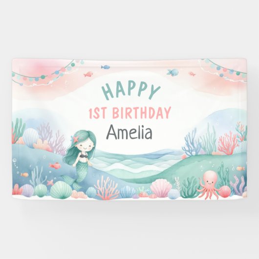 海の下の最初の誕生日お祝いマーメイド 横断幕 (横)