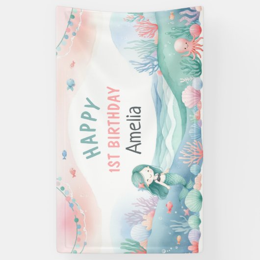 海の下の最初の誕生日お祝いマーメイド 横断幕 (縦)
