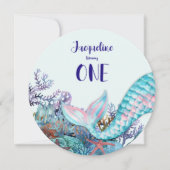 海の下の最初の誕生日の水彩人魚 招待状 (正面)