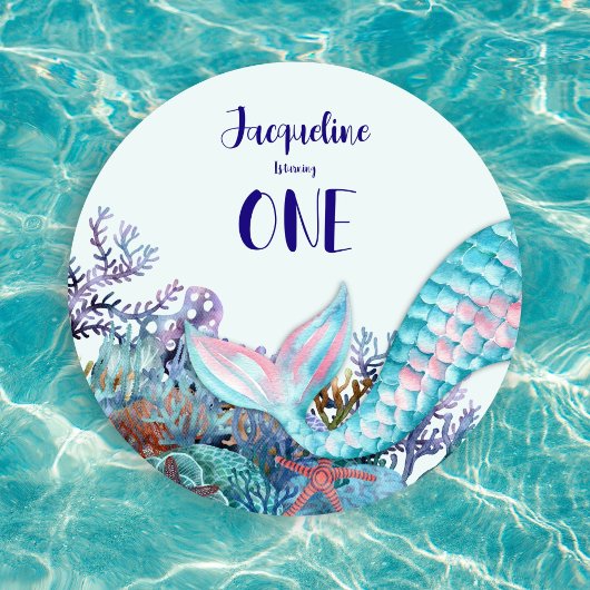 海の下の最初の誕生日の水彩人魚 招待状