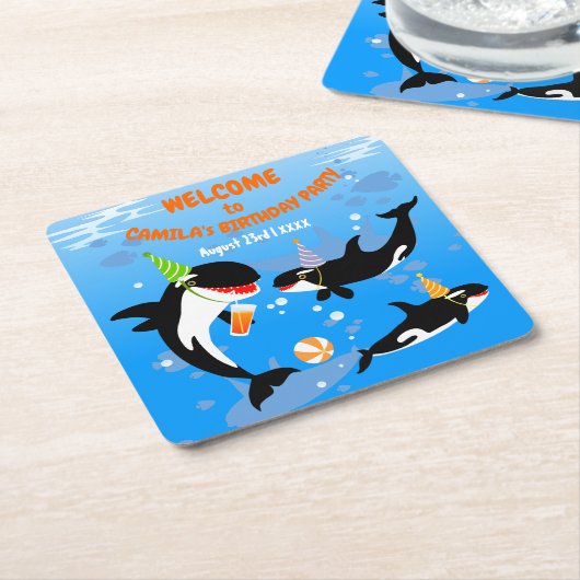 海の下の最初の誕生日orca whale baby girl スクエアペーパーコースター (アングル)
