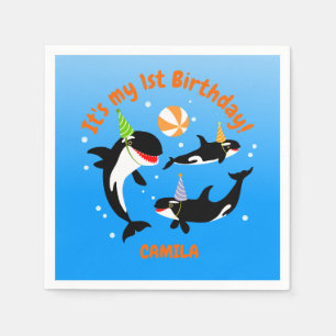海の下の最初の誕生日orca whale baby girl スタンダードカクテルナプキン
