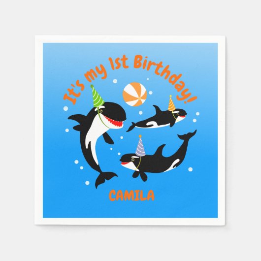 海の下の最初の誕生日orca whale baby girl スタンダードカクテルナプキン (正面)