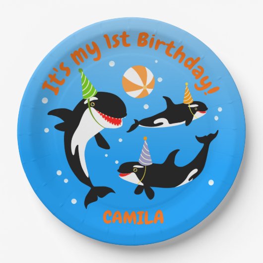 海の下の最初の誕生日orca whale baby girl ペーパープレート (正面)